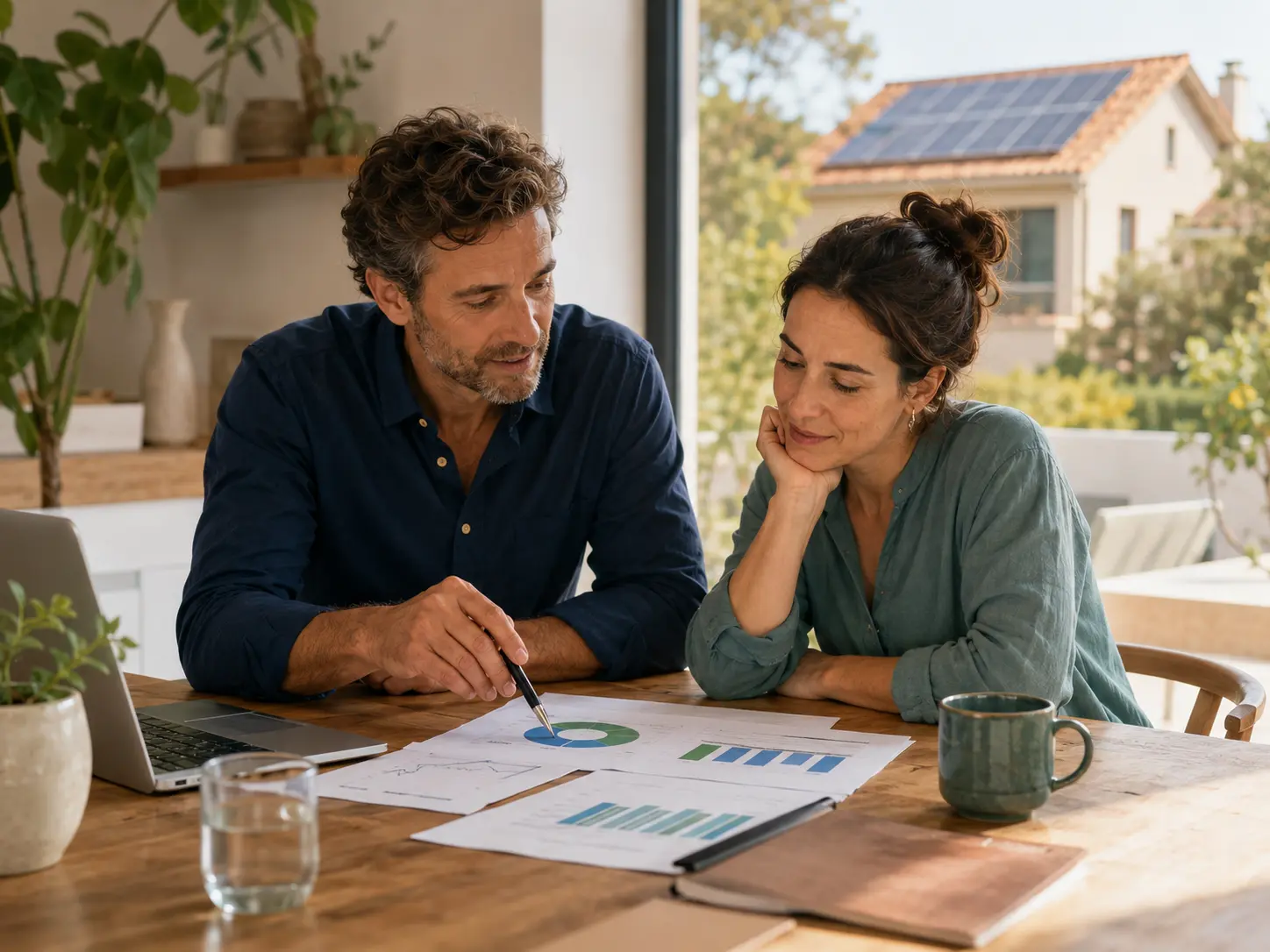 Consultor energético revisando un plan junto a una clienta